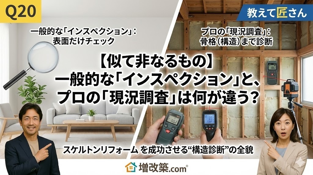 【似て非なるもの】一般的な「インスペクション」と、プロの「現況調査」は何が違う？スケルトンリフォームを成功させる“構造診断”の全貌