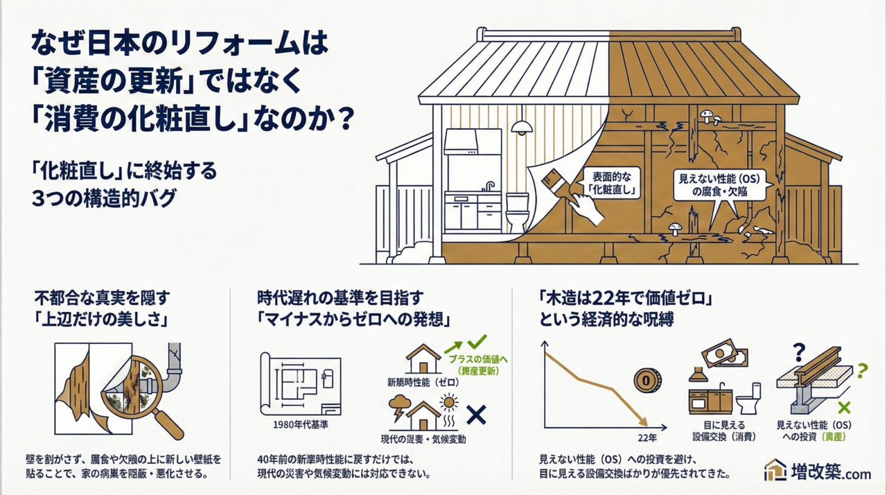2. 結論として、日本のリフォームは「資産の更新」ではなく「消費の化粧直し」に終始してきたからです