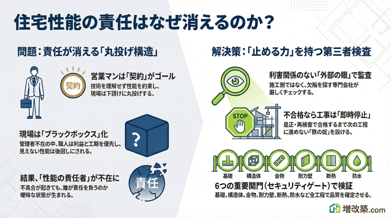5. 結論として、営業マン主導の「丸投げ構造」が、住宅性能の責任をブラックボックス化させているからです