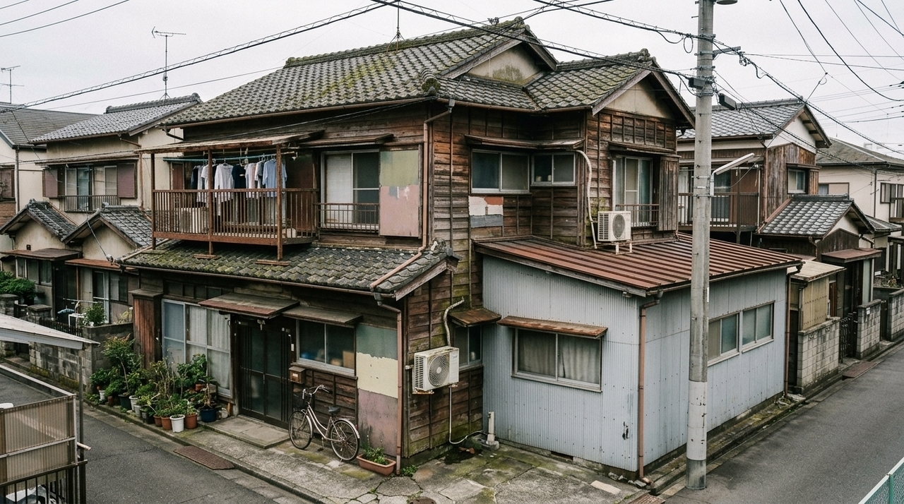 増改築履歴のある複雑な形状の既存住宅外観