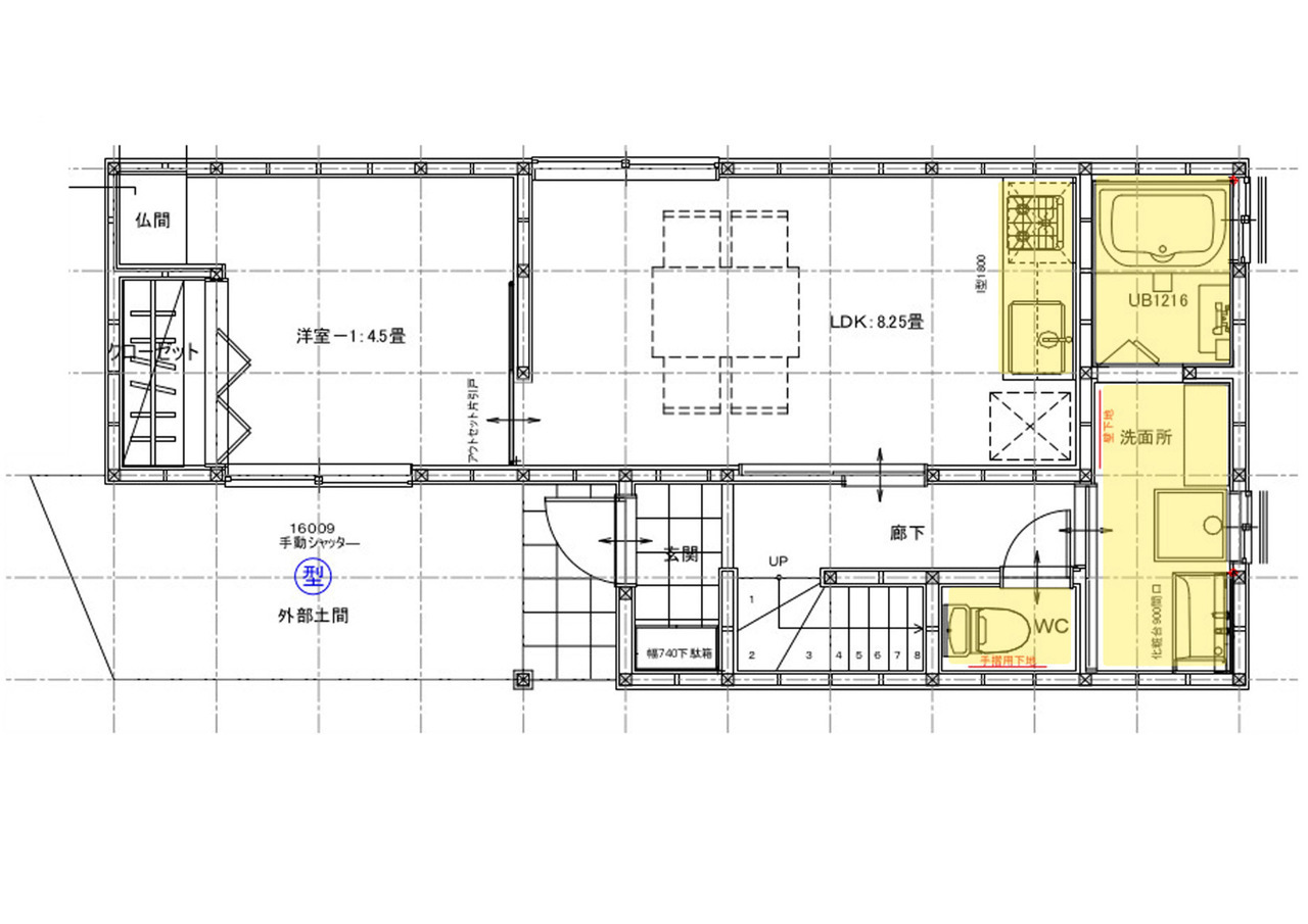 戸建てスケルトンリフォーム　水回り位置