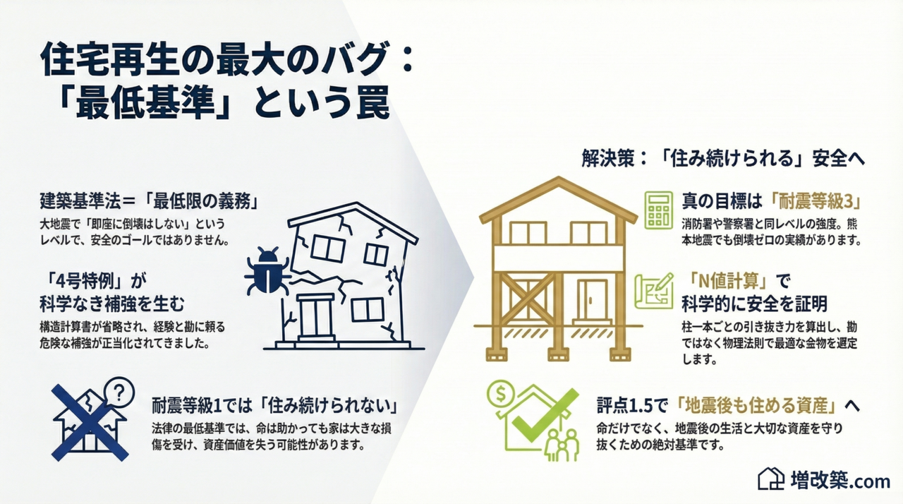 3. 結論として、建築基準法という「最低基準」を「安全のゴール」と誤解させてきたことが最大のバグです