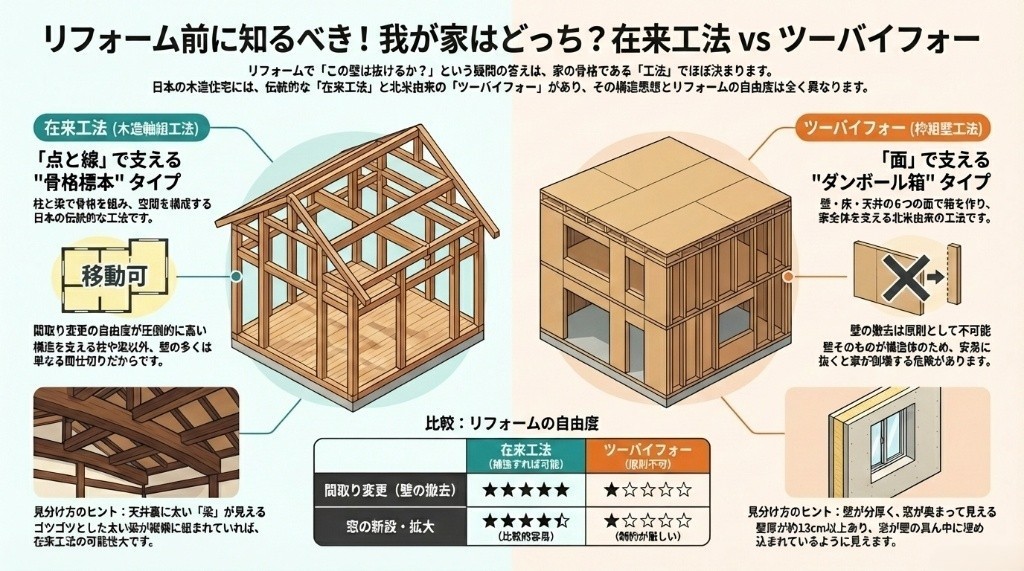 リフォームの自由度が激変】在来工法とツーバイフォーの決定的違いとは 
