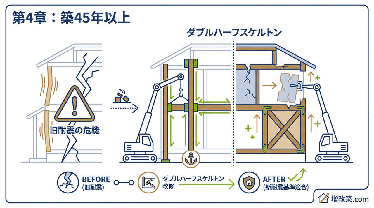 【築45年以上】旧耐震の危機。法的リスクと腐朽菌に勝つ「ダブルハーフスケルトン」